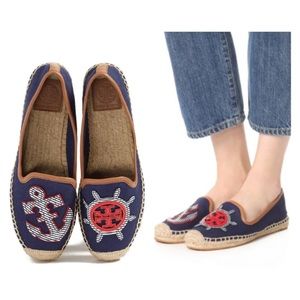 Tory Burch Maritime Logo Espadrille Flat, Navy, Women’s size 6, EUC